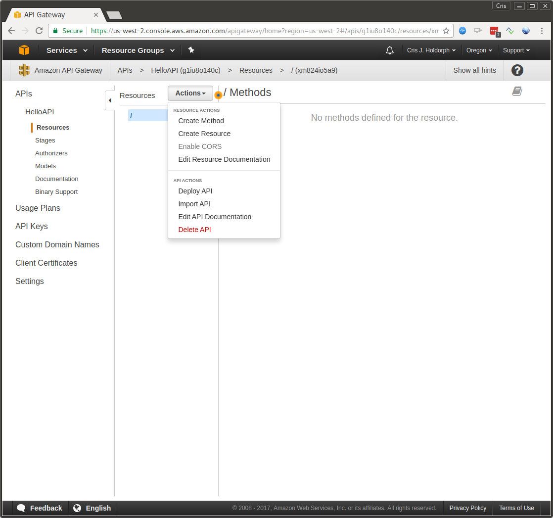 API Gateway: Create Method screen shot