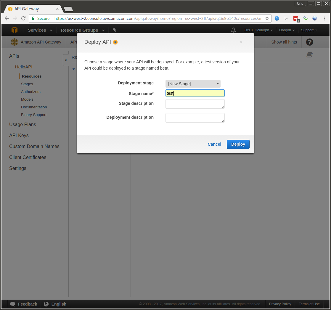 API Gateway: Deploy API Details screen shot