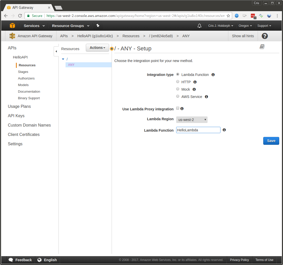 API Gateway: Create Method Configure Details screen shot