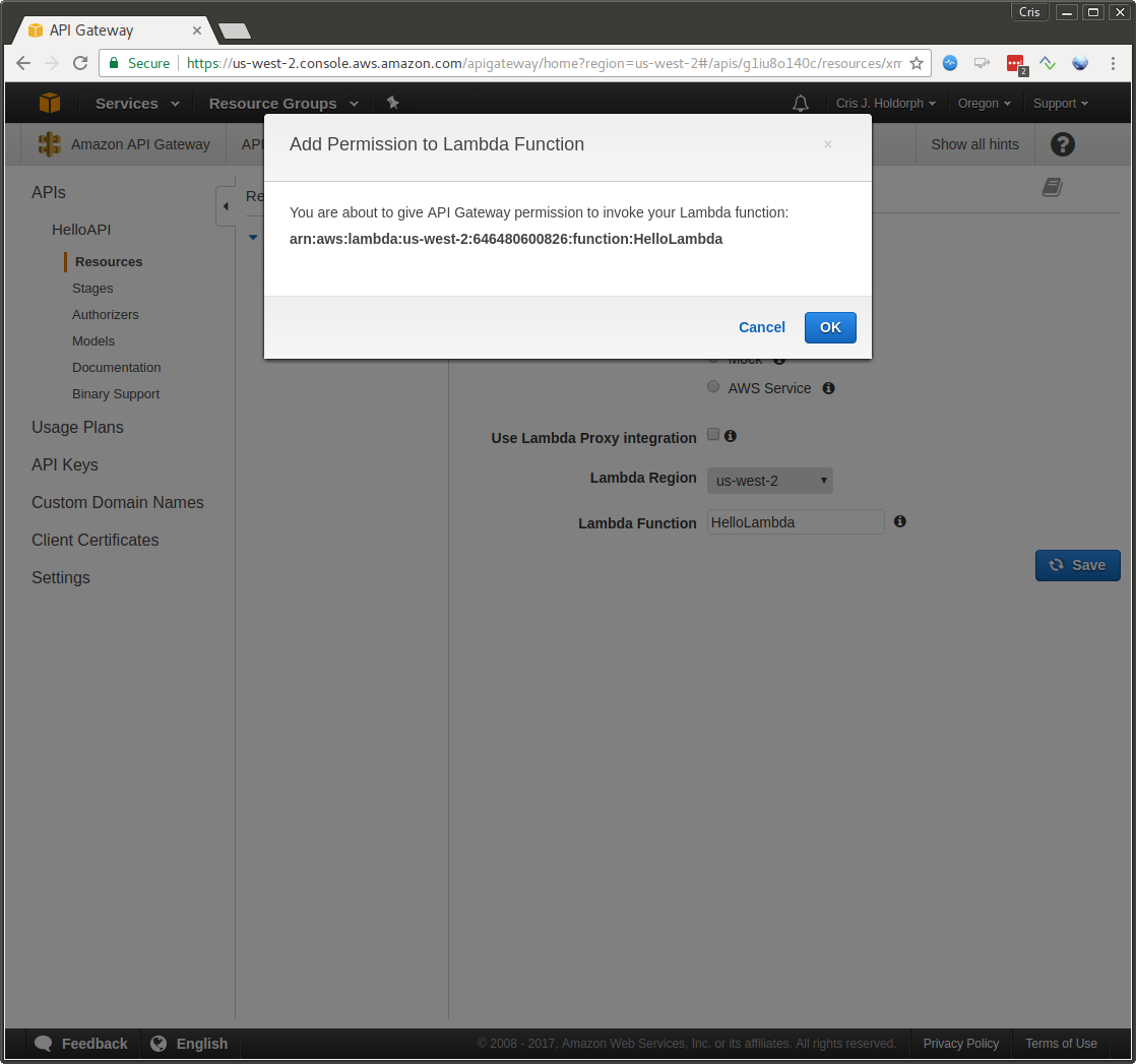 API Gateway: Grant Permission to Lambda Function screen shot