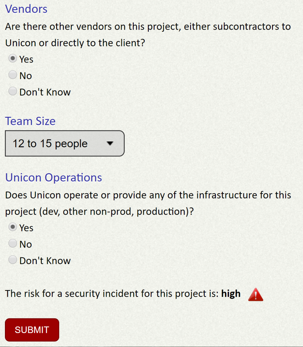 Fig. 8 - High Risk: App display showing results for project properties with high risk for a security incident.