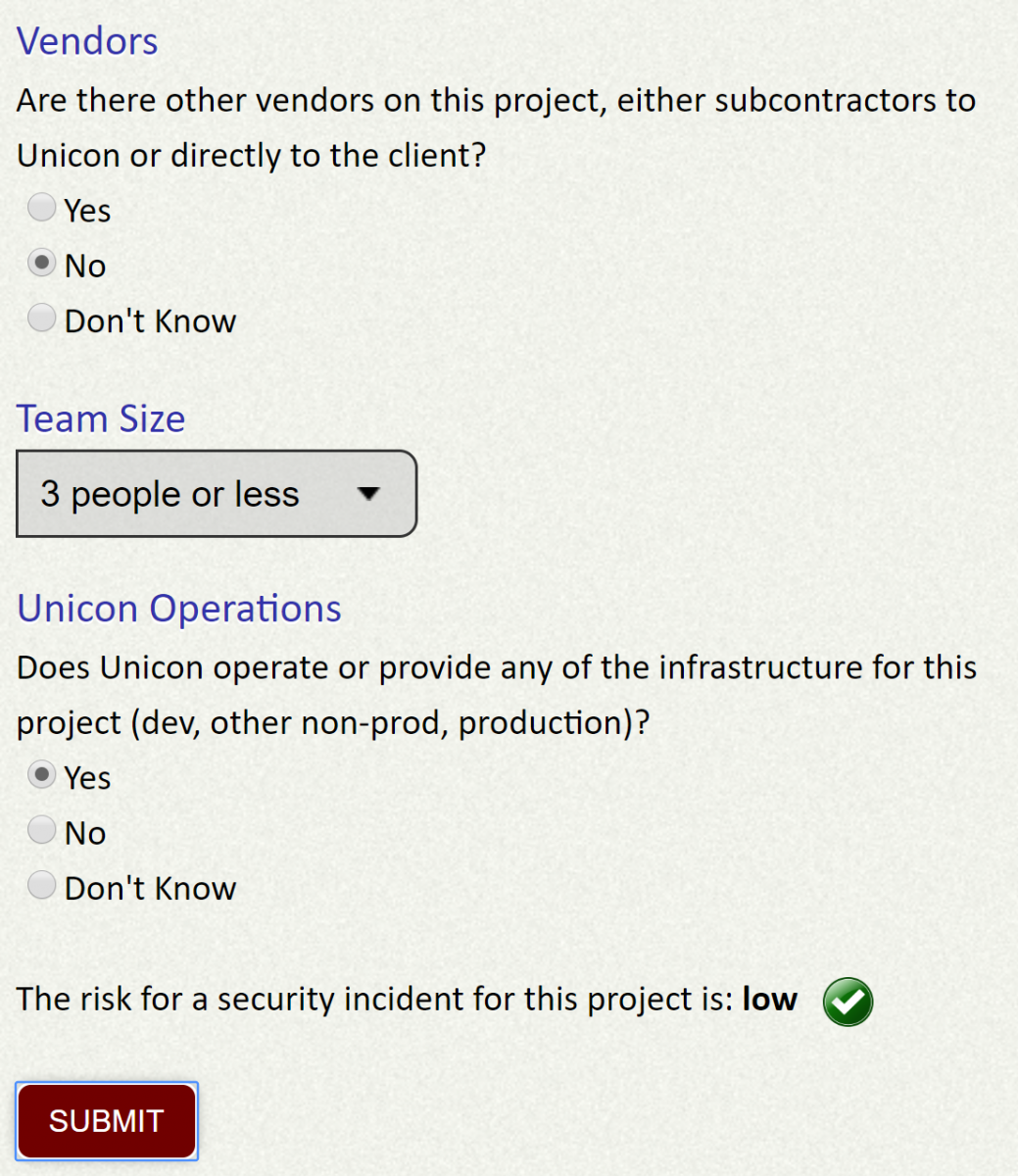 App display showing results for project properties with low risk for a security incident.